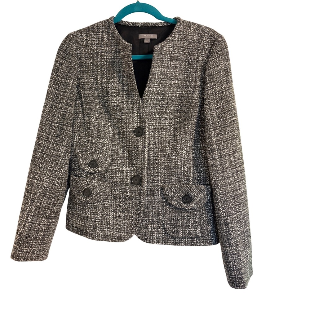 Ann Taylor Petites Black White Tweed Wool Blend Collarless Blazer Jacket 8P